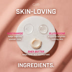 Key ingredients graphic for Cream X Emirates Face Whitening Night Cream, featuring texture swatches for Niacinamide, Glutathione, and Shea Butter.