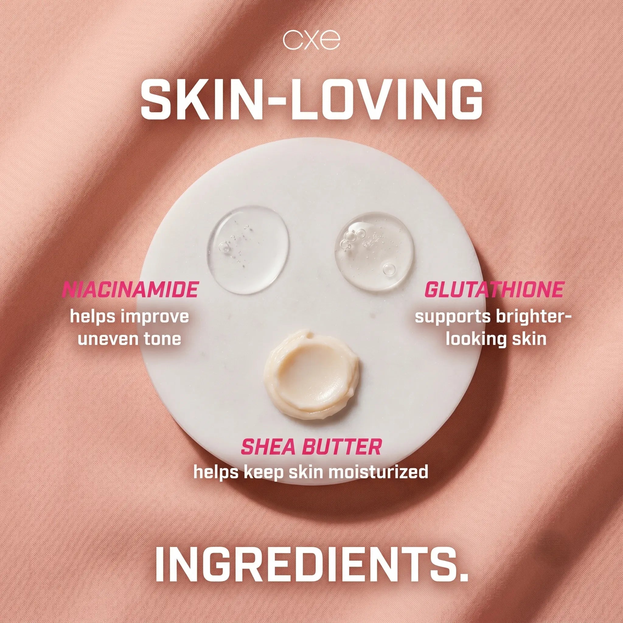 Key ingredients graphic for Cream X Emirates Face Whitening Night Cream, featuring texture swatches for Niacinamide, Glutathione, and Shea Butter.