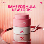 Cream X Emirates Face Whitening Night Cream jars stacked on a reflective surface, showcasing the new pink packaging alongside the classic white jar. Text reads: "Same formula. New look."
