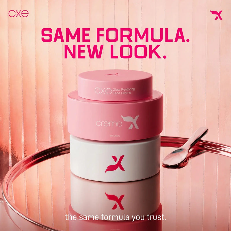Cream X Emirates Face Whitening Night Cream jars stacked on a reflective surface, showcasing the new pink packaging alongside the classic white jar. Text reads: "Same formula. New look."