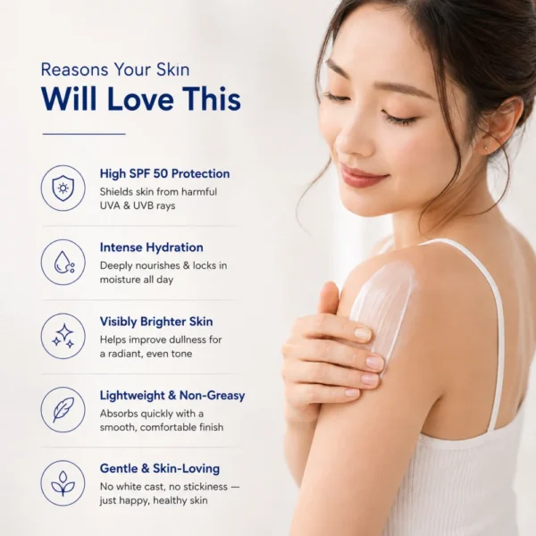 Body Lotion SPF 50 benefits including sun protection, hydration, brighter-looking skin and lightweight feel