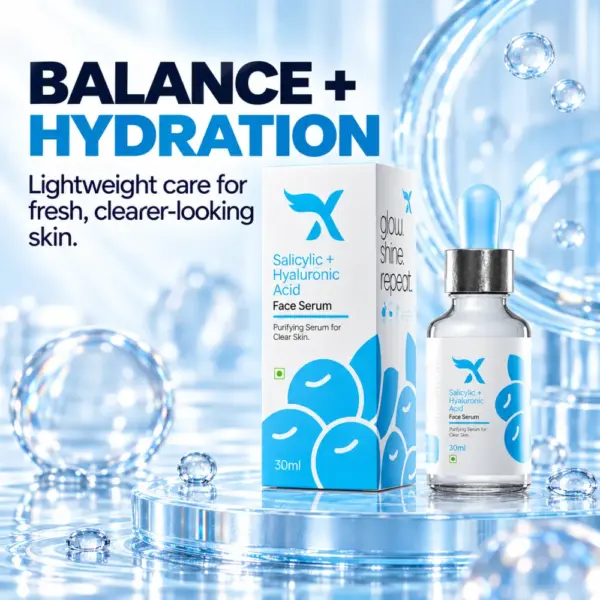 Cream X Emirates Face Serum Premium Product View Cream X Emirates Salicylic and Hyaluronic Acid Face Serum bottle and box in a premium blue setting