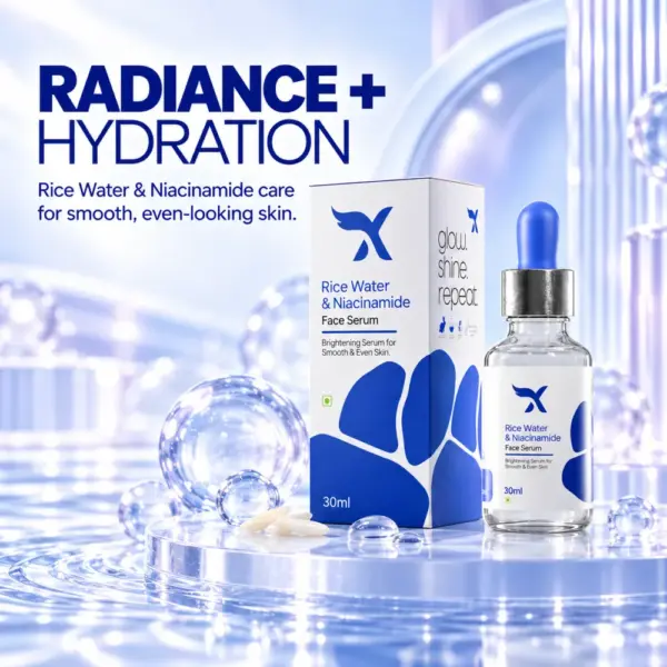 Cream X Emirates Rice Water and Niacinamide Premium Product View Cream X Emirates Rice Water and Niacinamide Face Serum bottle and box in a premium blue setting