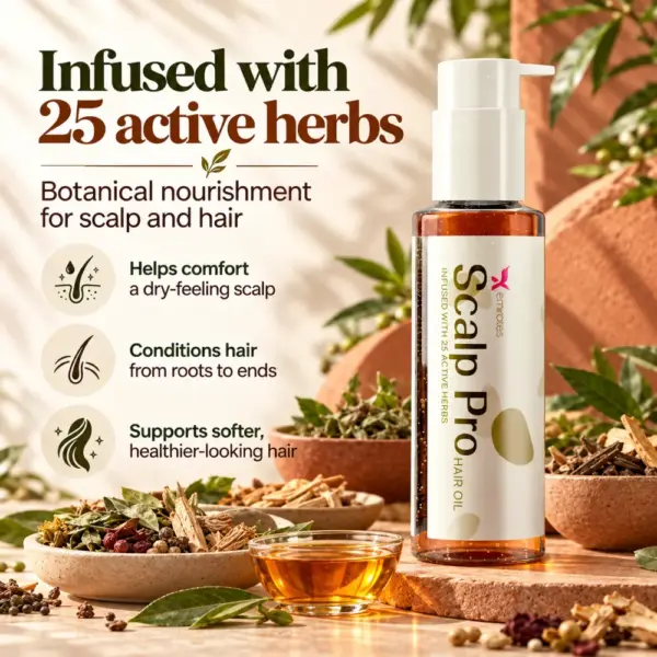 Infused with 25 Active Herbs Scalp Pro Hair Oil displayed with botanical herbs and amber oil