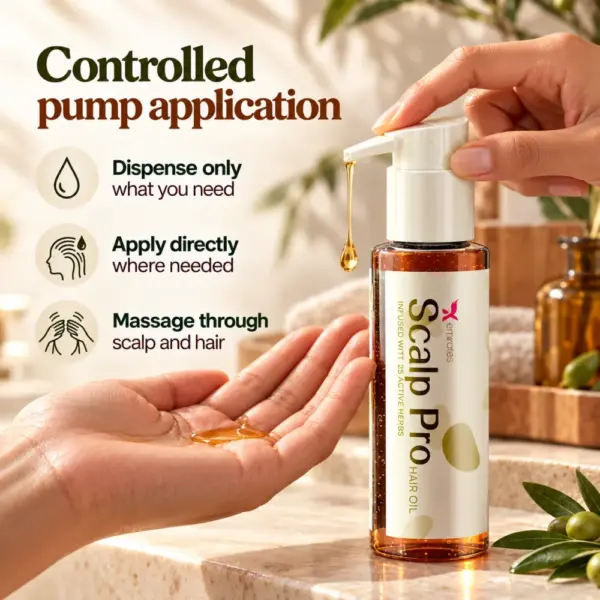 Controlled Pump Application Scalp Pro Hair Oil pump dispensing amber oil into a hand