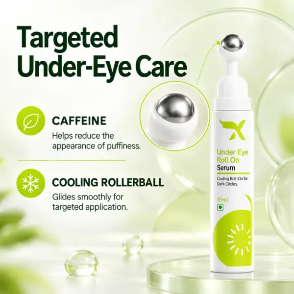 Caffeine and Cooling Rollerball Under Eye Serum Under Eye Roll On Serum with caffeine and cooling stainless-steel rollerball