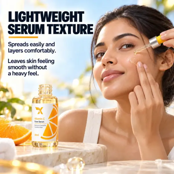 Cream X Emirates Vitamin C Face Serum – Texture and Application Woman applying Cream X Emirates Vitamin C Face Serum to her cheek beside the 30 ml bottle