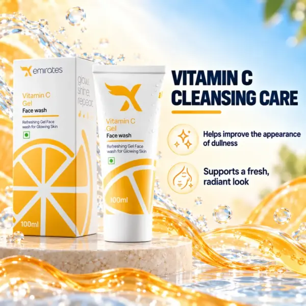 Cream X Emirates Vitamin C Gel Face Wash – Cleansing Care Cream X Emirates Vitamin C Gel Face Wash 100 ml and carton with water and gel visuals highlighting Vitamin C cleansing care