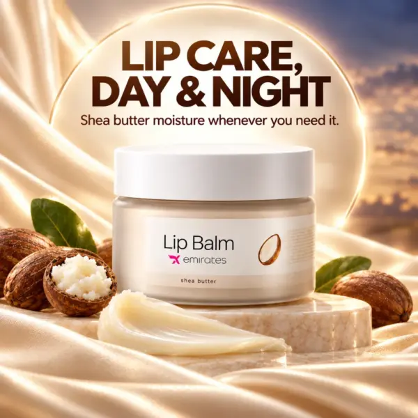 X Emirates Lip Balm Beauty Shot X Emirates Shea Butter Lip Balm displayed with shea nuts and champagne satin