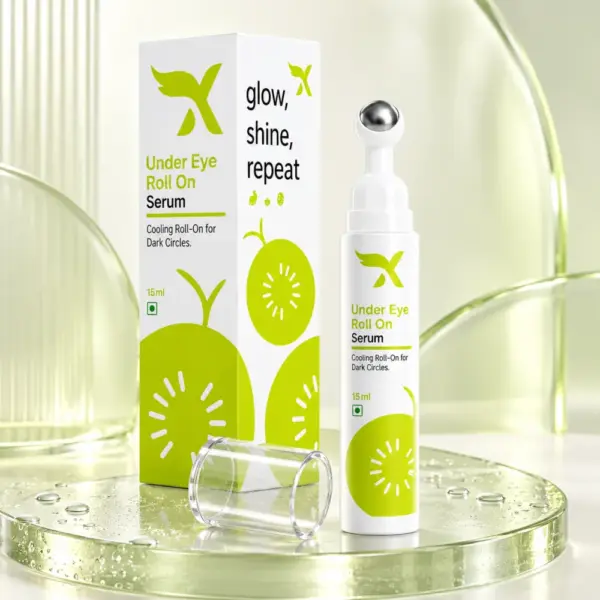 Under Eye Roll On Serum Cooling Applicator Under Eye Roll On Serum bottle, carton and exposed cooling rollerball