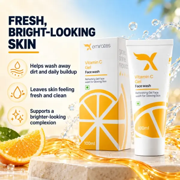 Cream X Emirates Vitamin C Gel Face Wash – Fresh-Looking Skin Cream X Emirates Vitamin C Gel Face Wash 100 ml with carton, water and citrus visuals highlighting fresh, bright-looking skin