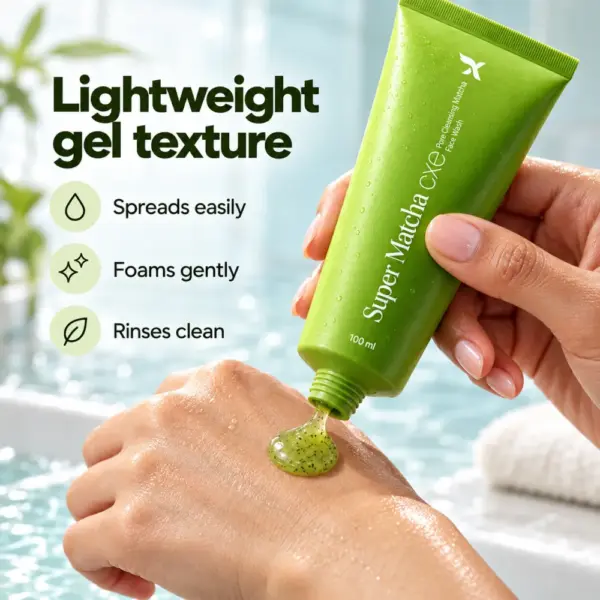 Lightweight Gel Texture Super Matcha Face Wash green gel texture being dispensed onto a hand
