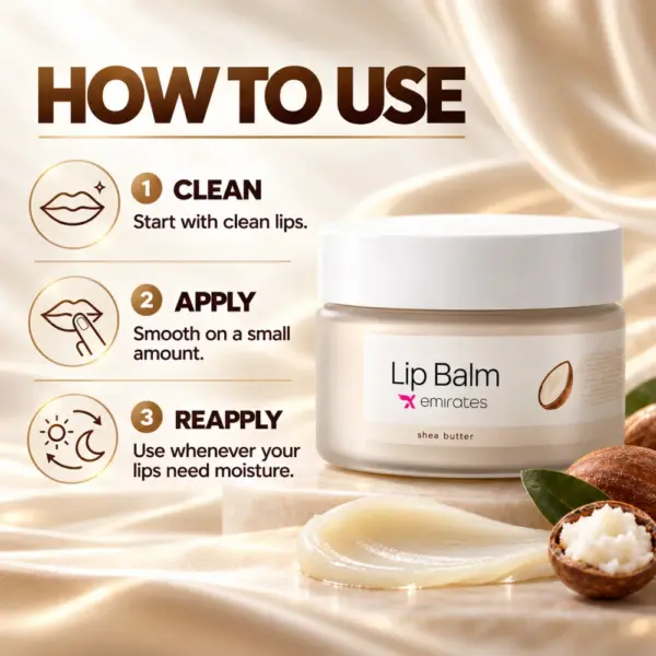 How to Use X Emirates Lip Balm Three-step guide for applying X Emirates Shea Butter Lip Balm