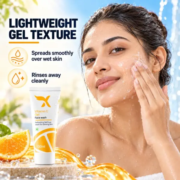 Cream X Emirates Vitamin C Gel Face Wash – Gel Texture Woman massaging Cream X Emirates Vitamin C Gel Face Wash onto wet skin beside the 100 ml tube