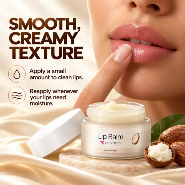X Emirates Lip Balm Texture and Application Woman applying X Emirates Shea Butter Lip Balm to her lower lip