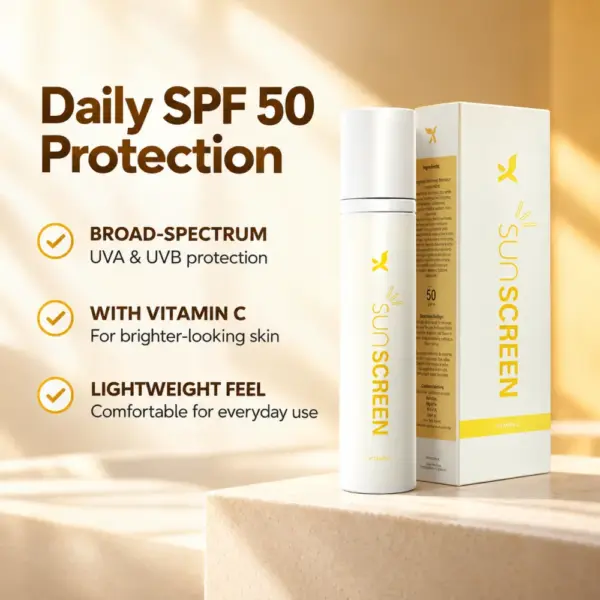 Sunscreen SPF 50 Daily Protection Benefits SPF 50 sunscreen bottle and carton with daily protection benefits