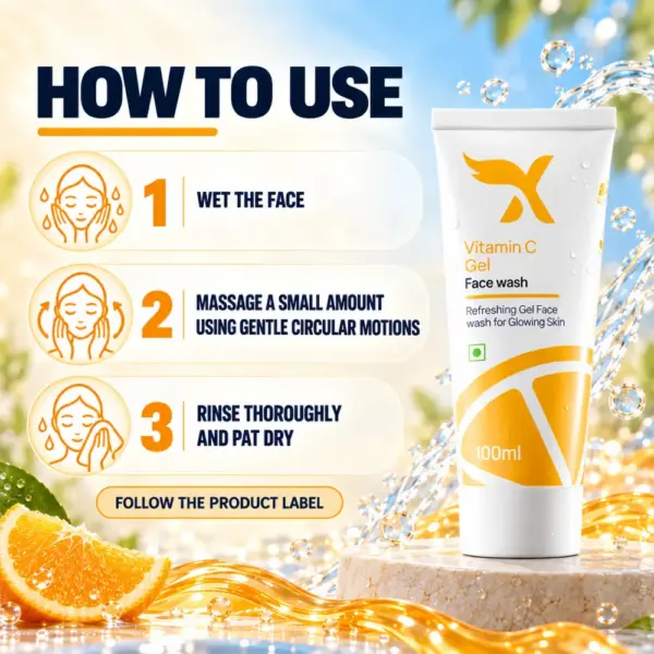 How to Use Cream X Emirates Vitamin C Gel Face Wash Cream X Emirates Vitamin C Gel Face Wash 100 ml with a three-step wet, massage, rinse and pat-dry usage guide