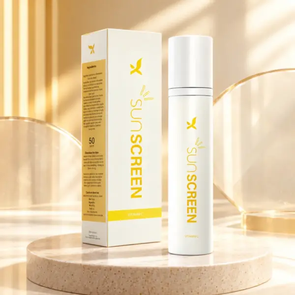 Sunscreen SPF 50 Vitamin C Product Image Sunscreen SPF 50 with Vitamin C bottle and carton in warm sunlight