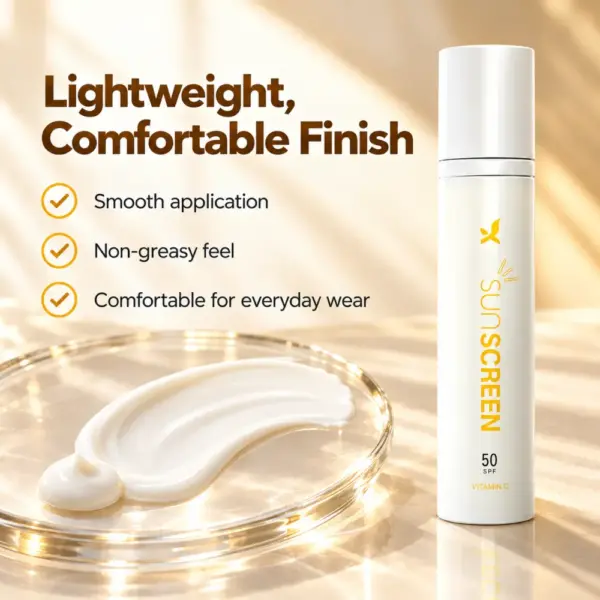 Lightweight Sunscreen Texture and Finish Lightweight sunscreen texture beside the Cream X Emirates SPF 50 bottle