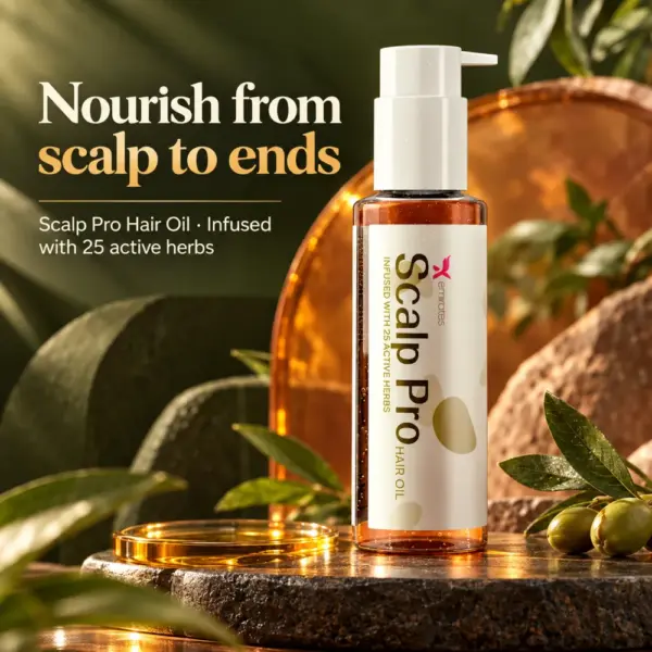 Scalp Pro Hair Oil Beauty Shot Scalp Pro Hair Oil displayed with amber oil and botanical leaves