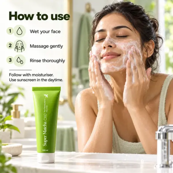 How to Use Super Matcha Face Wash Woman massaging Super Matcha Face Wash onto wet skin