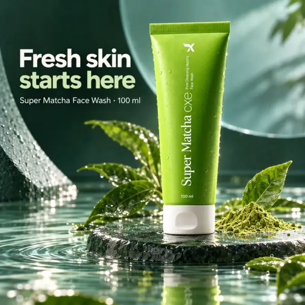 Super Matcha Face Wash Beauty Shot Super Matcha Face Wash 100 ml displayed with green tea leaves and matcha powder