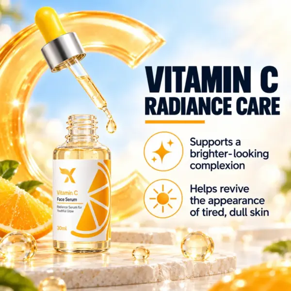 Cream X Emirates Vitamin C Face Serum – Vitamin C Radiance Care Open Cream X Emirates Vitamin C Face Serum bottle and yellow dropper with a suspended serum droplet
