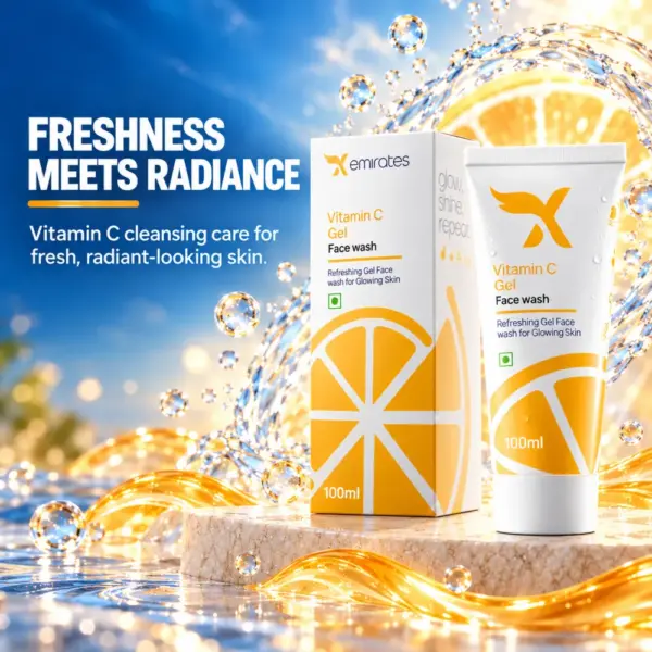 Cream X Emirates Vitamin C Gel Face Wash – Premium Beauty Shot Cream X Emirates Vitamin C Gel Face Wash 100 ml tube and carton surrounded by water and golden gel accents