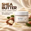Shea Butter Lip Care X Emirates Lip Balm displayed with shea nuts and creamy shea butter