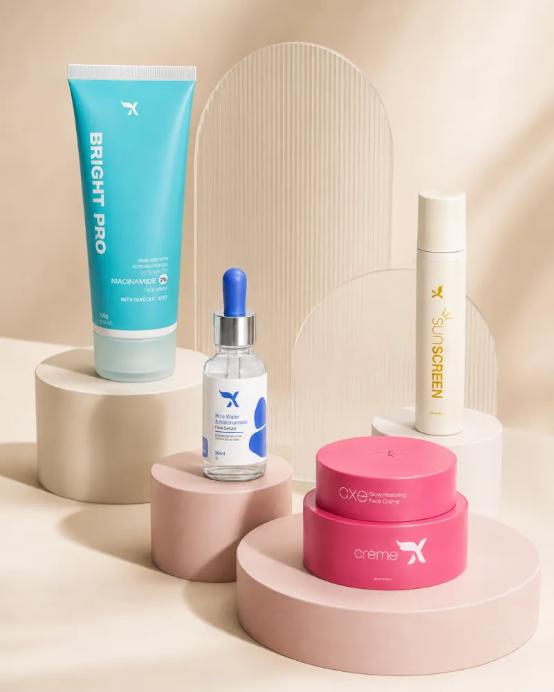 Four Cream X Emirates products arranged as a brightening skincare routine