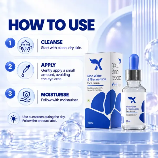 How to Use Cream X Emirates Rice Water and Niacinamide Serum How to use Cream X Emirates Rice Water and Niacinamide Face Serum in three steps