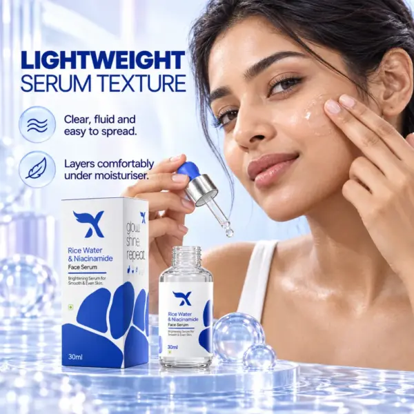 Cream X Emirates Face Serum Texture and Application Woman applying Cream X Emirates Rice Water and Niacinamide Face Serum to her cheek