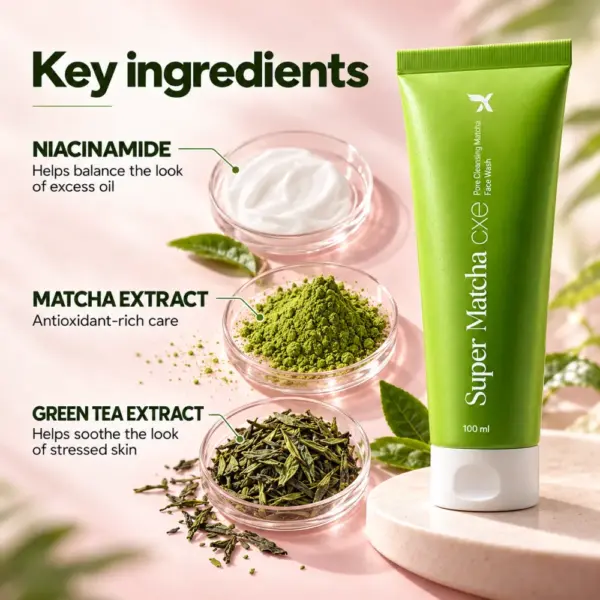 Super Matcha Face Wash Key Ingredients Super Matcha Face Wash with matcha extract, niacinamide and green tea extract