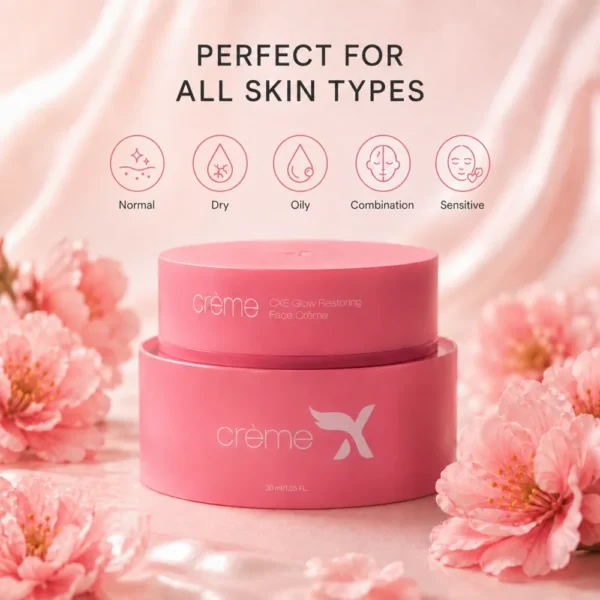Face Whitening Cream displayed with normal, dry, oily, combination and sensitive skin type icons